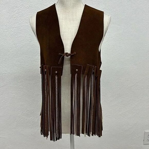 Ultra Rare Vintage Duette Leather Fringe with Chains Vest Made in Spain - Picture 1 of 16